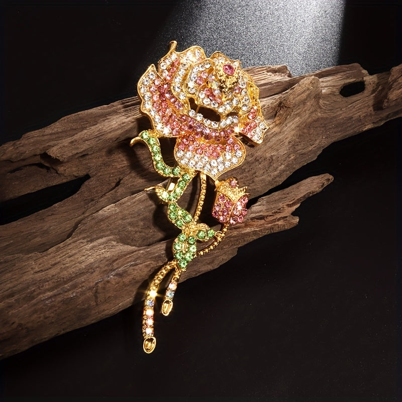 Large Pink Rose Brooch Men's Rhinestone Turban Dress Pin