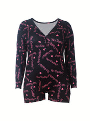  Sexy Lounge Romper Women's Plus Heart & Letter Print Long Sleeve