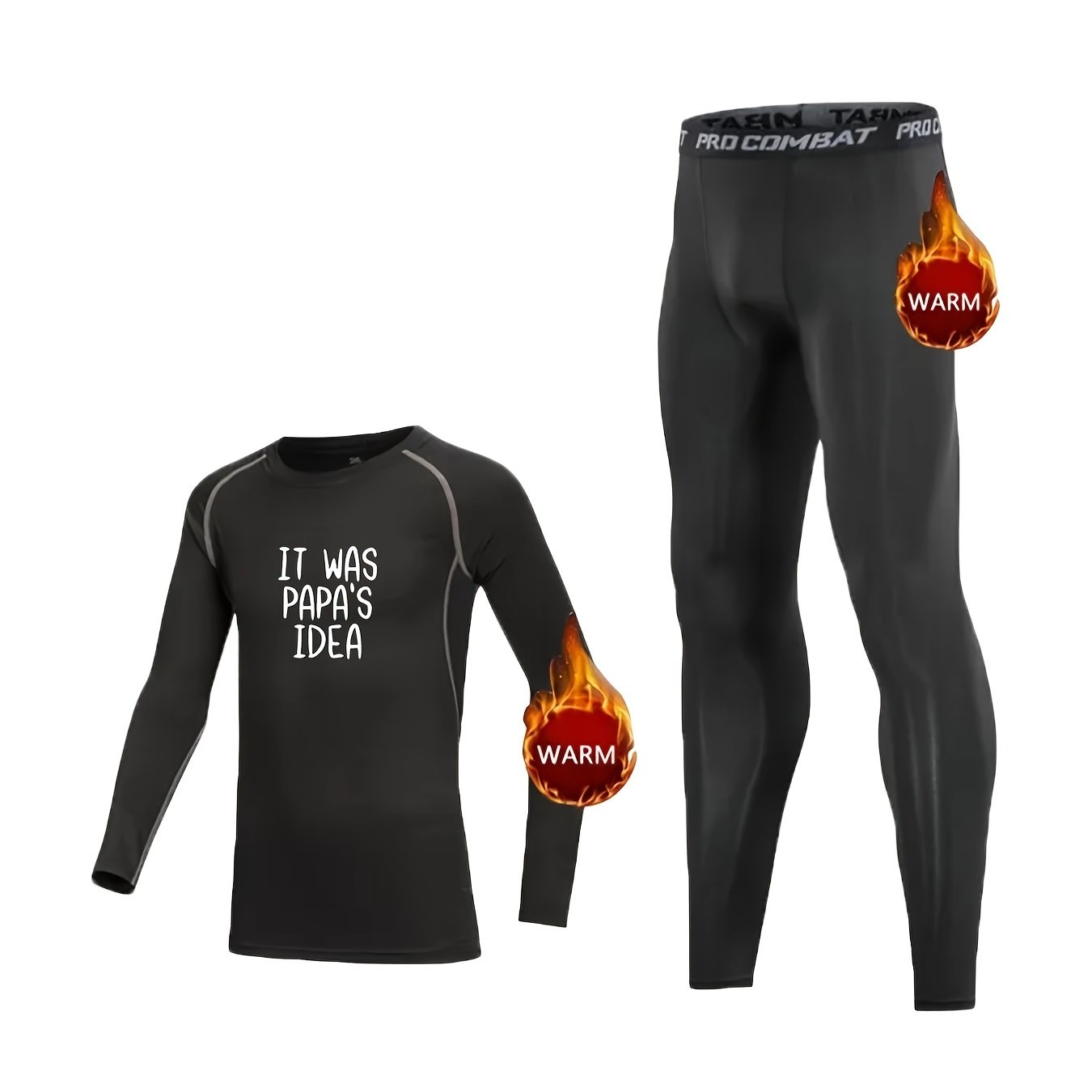 2pcs Kids Fleece Compression Sets PAPA'S IDEA Print Crew Neck
