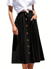  Solid Button Pleated Maxi Skirt With Pockets