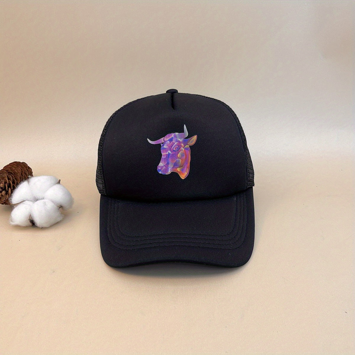 Bull Head Print Trucker Hat Hip Hop Mesh Baseball Cap