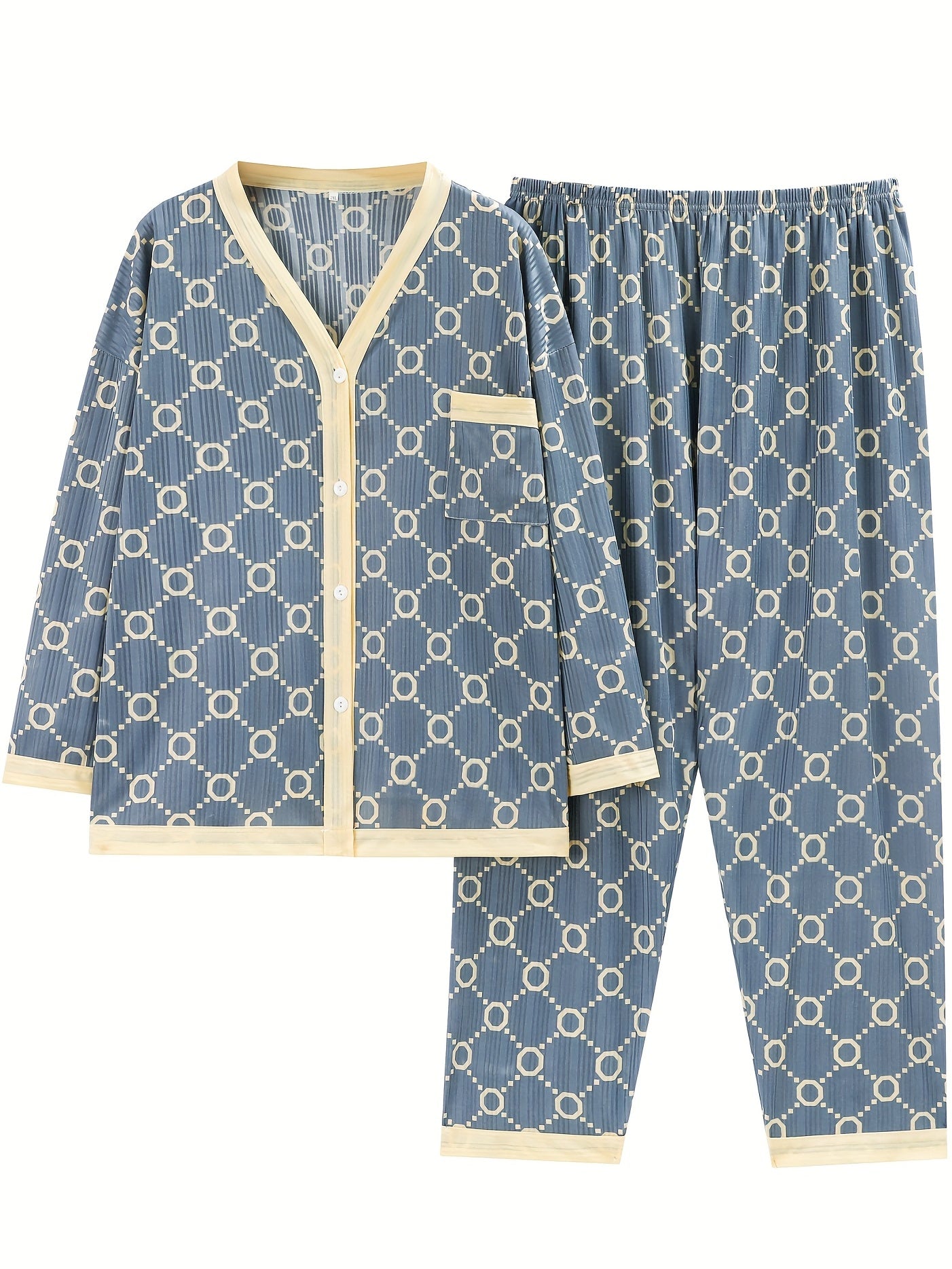  Colorblock Geometric Print Pajama Set