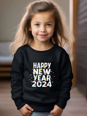 Girls Happy Year Pattern Crew Neck Sweatshirt