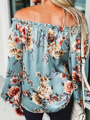  Floral Print Off Shoulder Lantern Sleeve Top