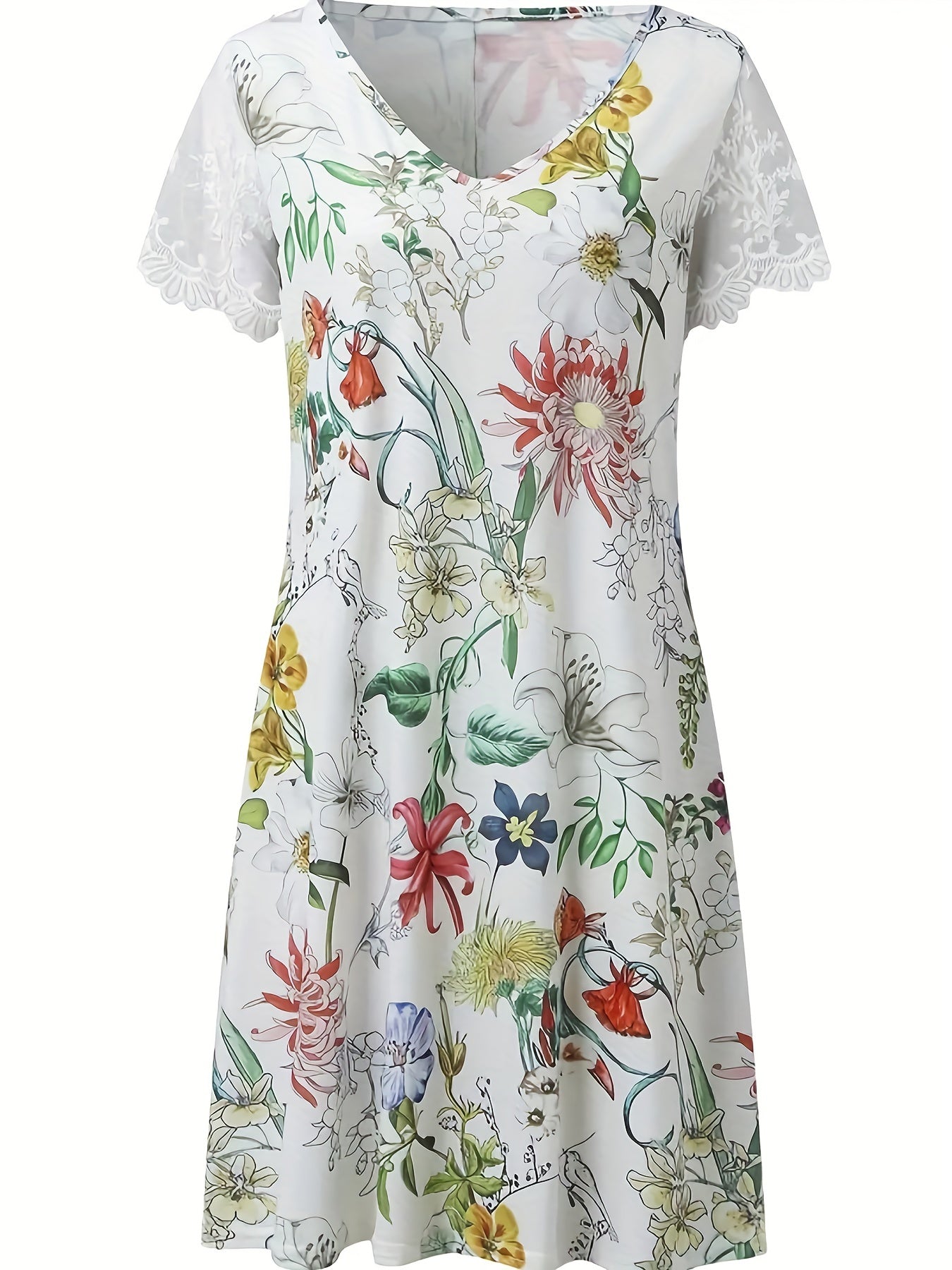  Floral Print Lace Sleeve V Neck Dress