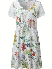  Floral Print Lace Sleeve V Neck Dress