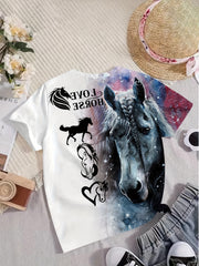 Girls Horse Pattern Short Sleeve T-shirt for Summer Sports