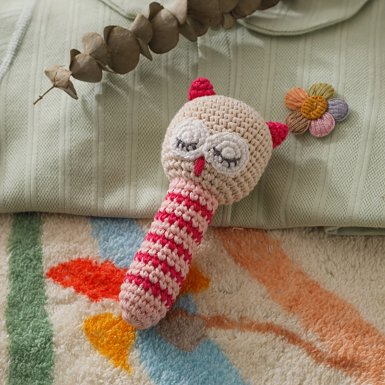 Crochet Owl Rattle Teether Toy with Bell, 3D Details