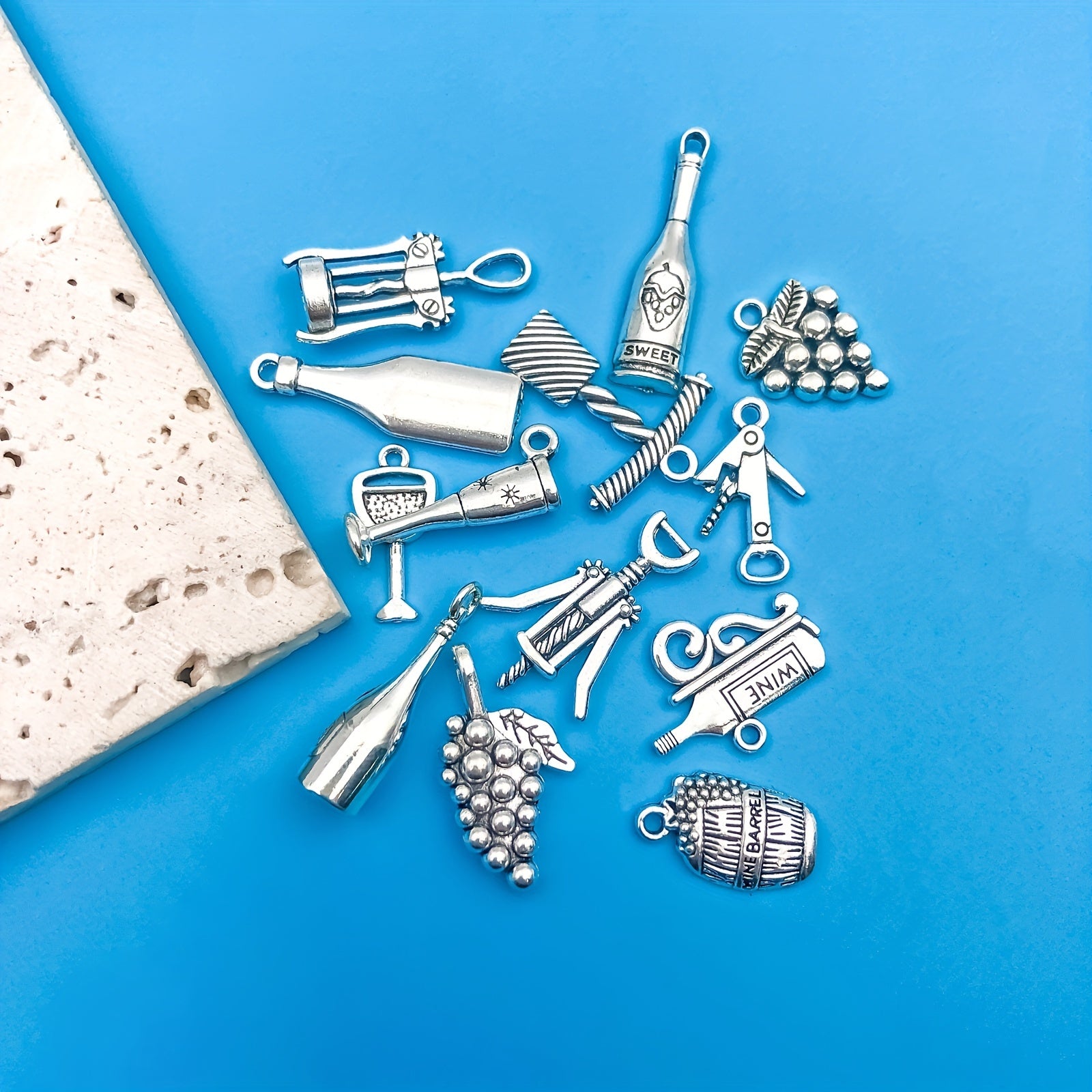 12pcs Antique Silver Red Wine Bottle Pendant Set for DIY Jewelry Making