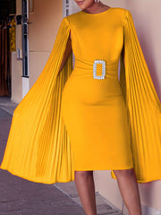 Women's Plus Cloak Sleeve Belted Pleated Formal Dress