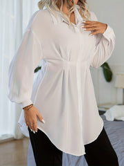  Blouse Solid Lantern Sleeve Button Up Collar