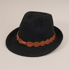 Stylish Belt Decor Sun Hat Crochet Short Brim Jazz Fedora Cap