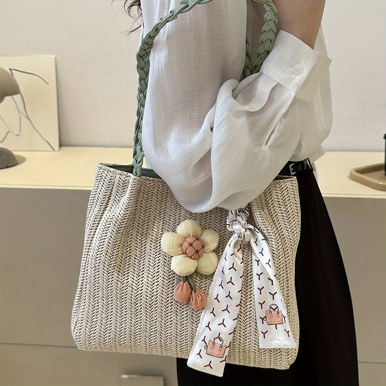 Large Capacity Straw Tote Bag with Woven Handle & Scarf Decor