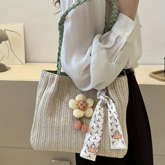Large Capacity Straw Tote Bag with Woven Handle & Scarf Decor