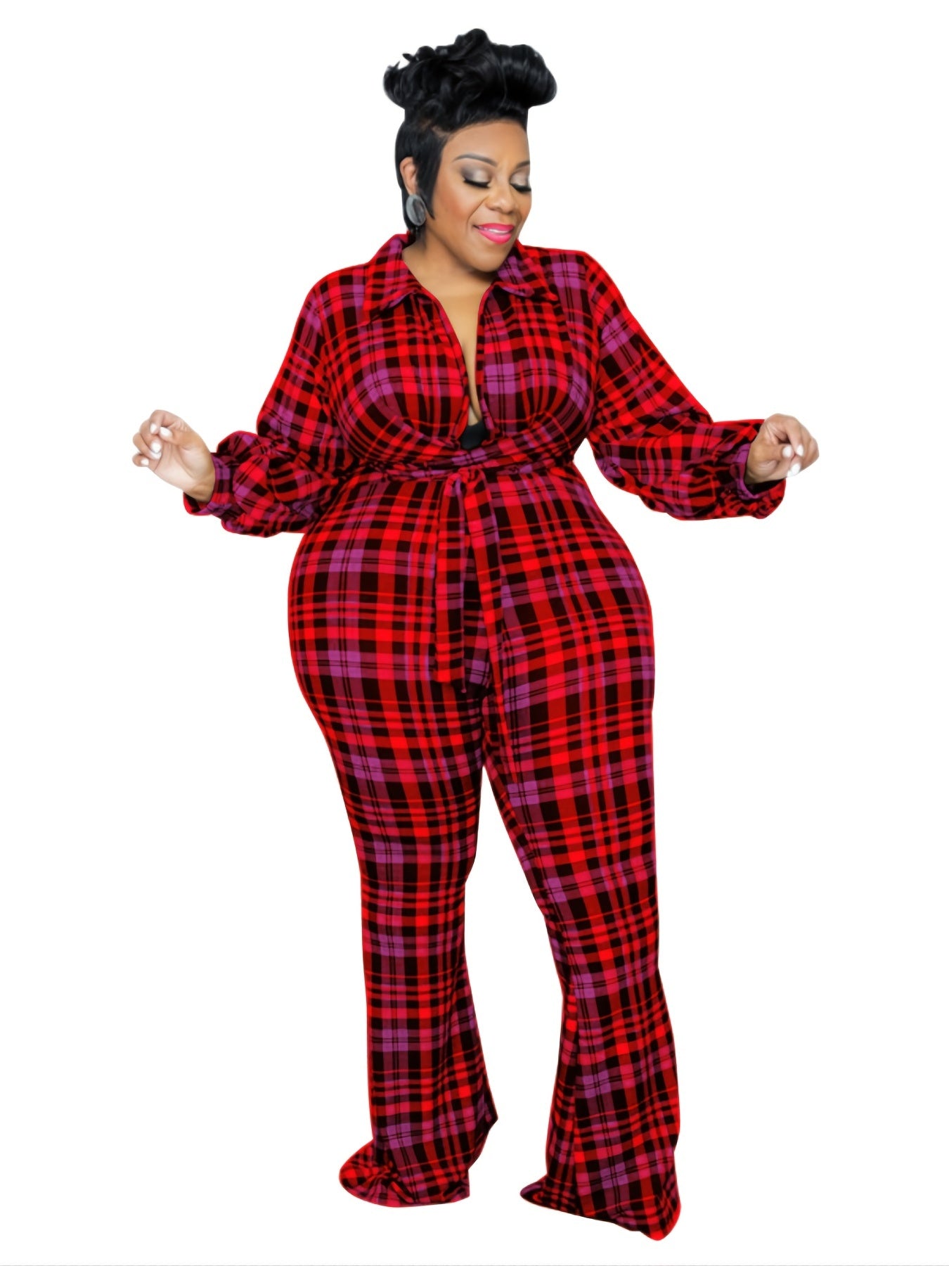  Plaid Lantern Sleeve Jumpsuit with Flared Leg
