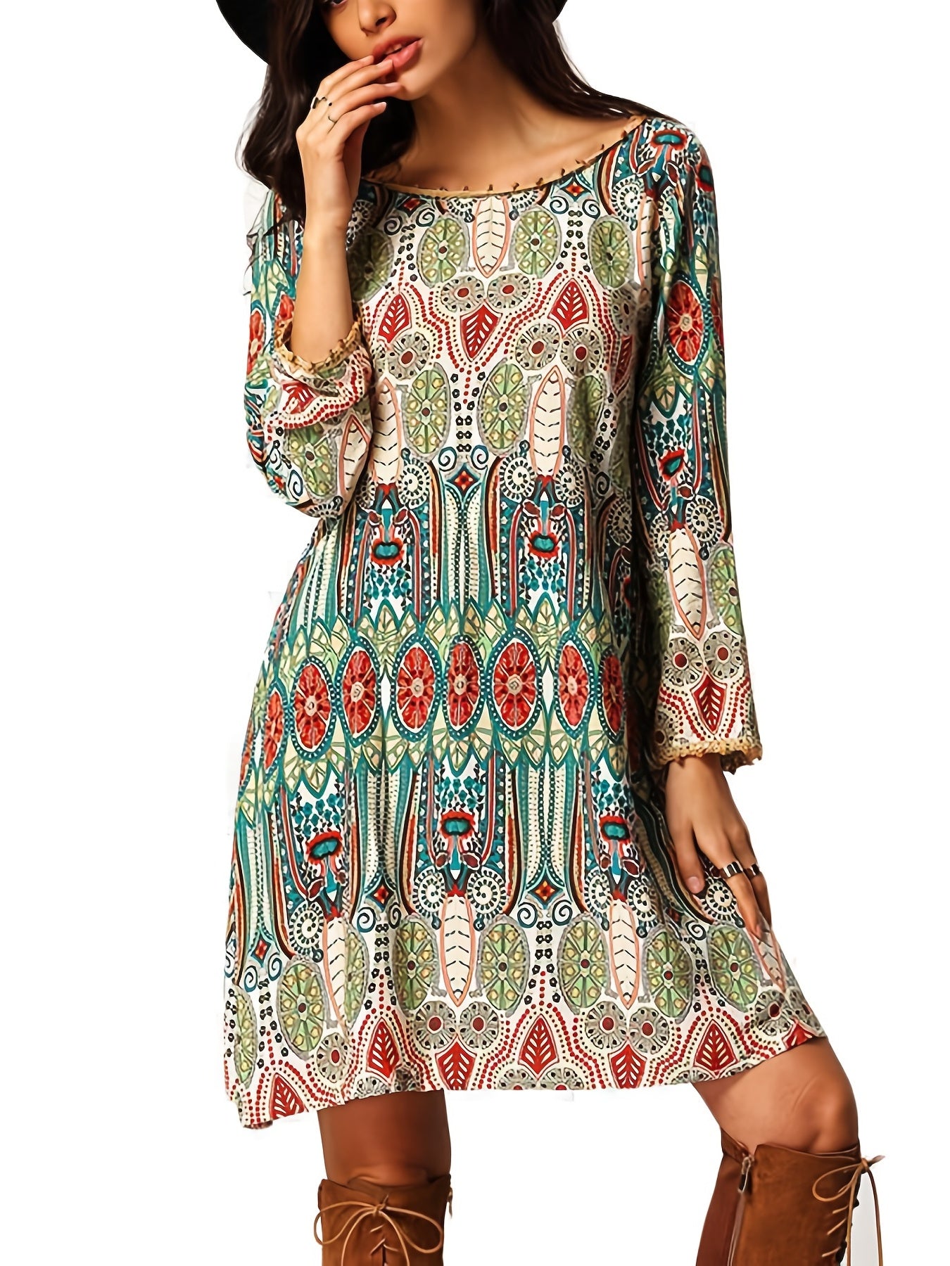 Women's Plus Allover Print Frill Trim Long Sleeve Round Neck Pleated Dress