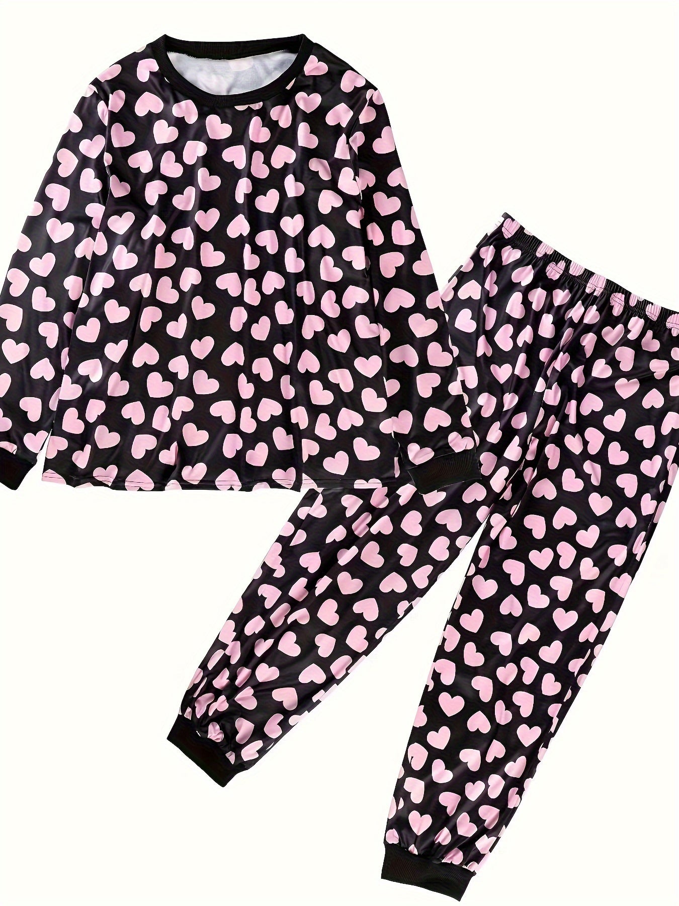  Heart Print Lounge Set Long Sleeve Top & Joggers Pajamas 2 Piece