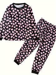  Heart Print Lounge Set Long Sleeve Top & Joggers Pajamas 2 Piece