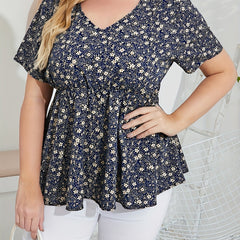  Ditsy Floral Print V Neck Peplum Top