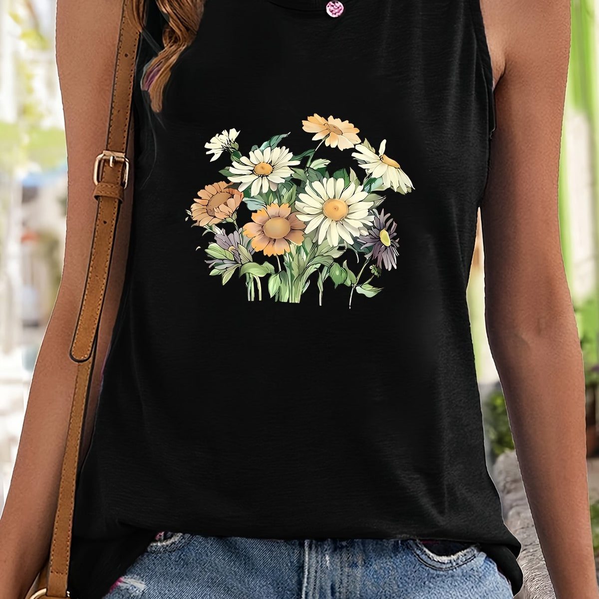 Sunflower Print Sleeveless Sports Vest Round Neck Stretchy Casual Tops