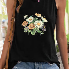 Sunflower Print Sleeveless Sports Vest Round Neck Stretchy Casual Tops