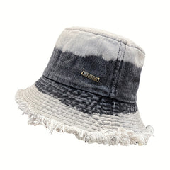 Gradient Washed Denim Bucket Hat Vintage Frayed Brim Tie Dye Sunshade Cap