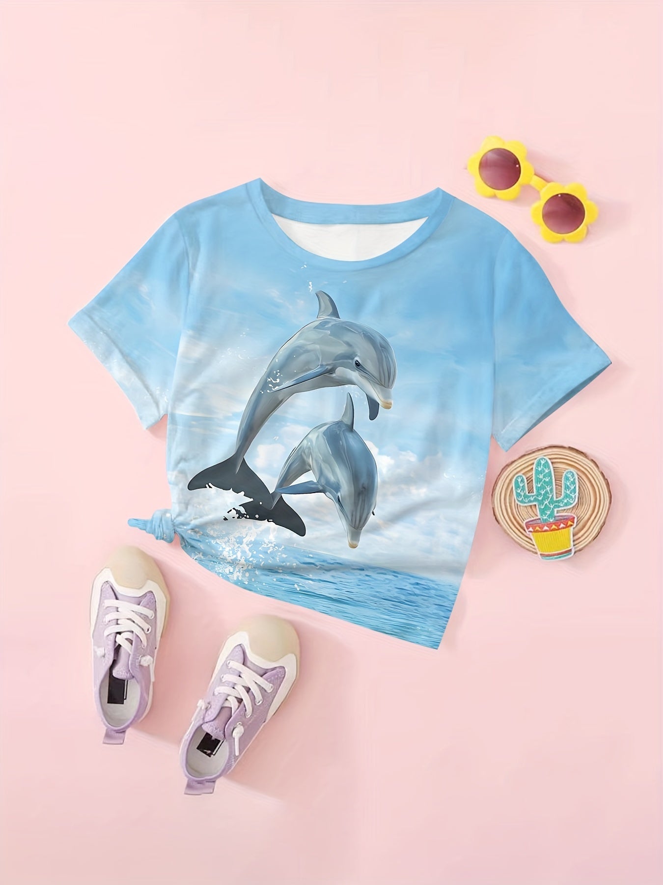 Girls Dolphin Print Short Sleeve T-shirt - Summer Sports Pullover