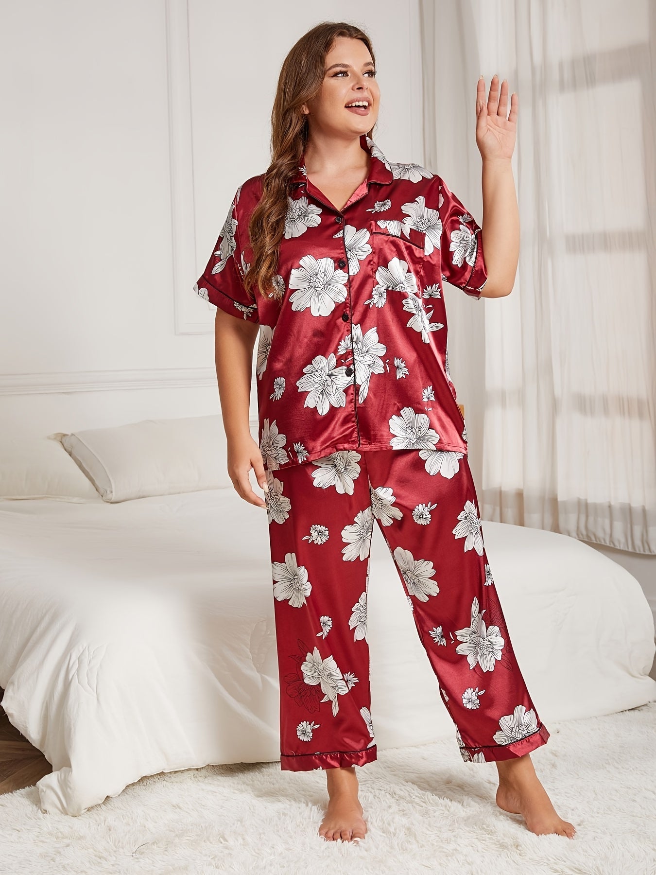  Floral Print Satin Pajamas Set Button Up Lounge Two Piece Set