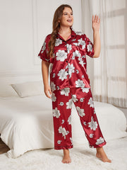 Floral Print Satin Pajamas Set Button Up Lounge Two Piece Set