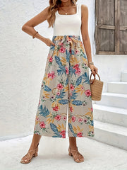 Tropical Print Tie Front Boho Pants