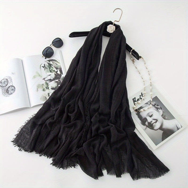Solid Wrinkle Hijab Bandana Frayed Edge Shawl Head Wrap Scarf