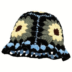 Vintage Flower Crochet Bucket Hat Hollow Out Knit Hat Y2K Beanie Fisherman Cap