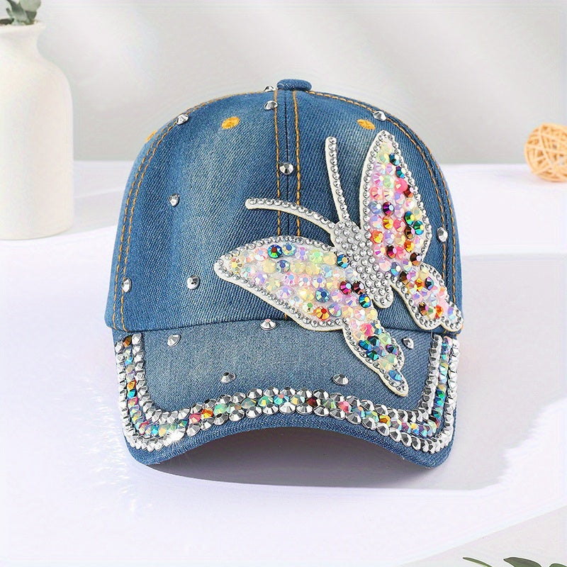 Colorful Rhinestone Butterfly Baseball Cap Patch Distressed Dad Hat