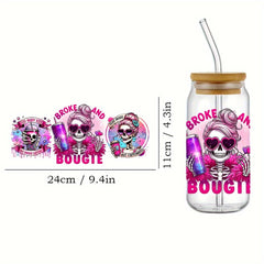 4Pcs Fun Skull Mom UV DTF Transfer DIY Decals for 16 Oz Mason Jar