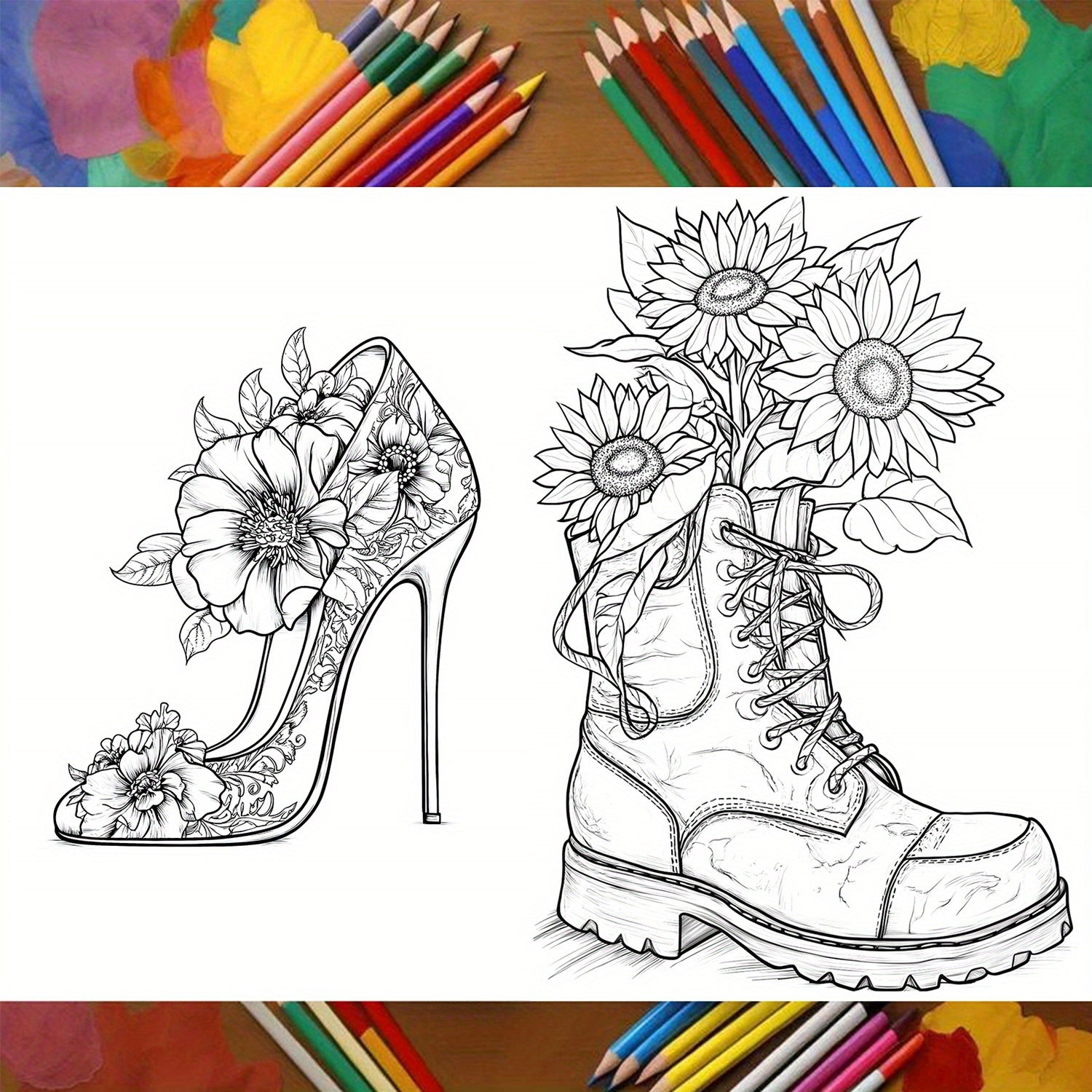 Blooming Shoes Coloring Book 22 Pages 28x20 Drawing Board