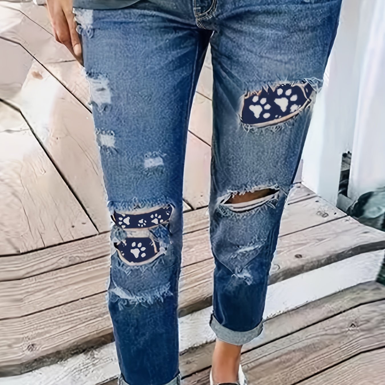  Women's Ripped Paw Patched Skinny Denim Pants