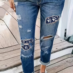  Women's Ripped Paw Patched Skinny Denim Pants
