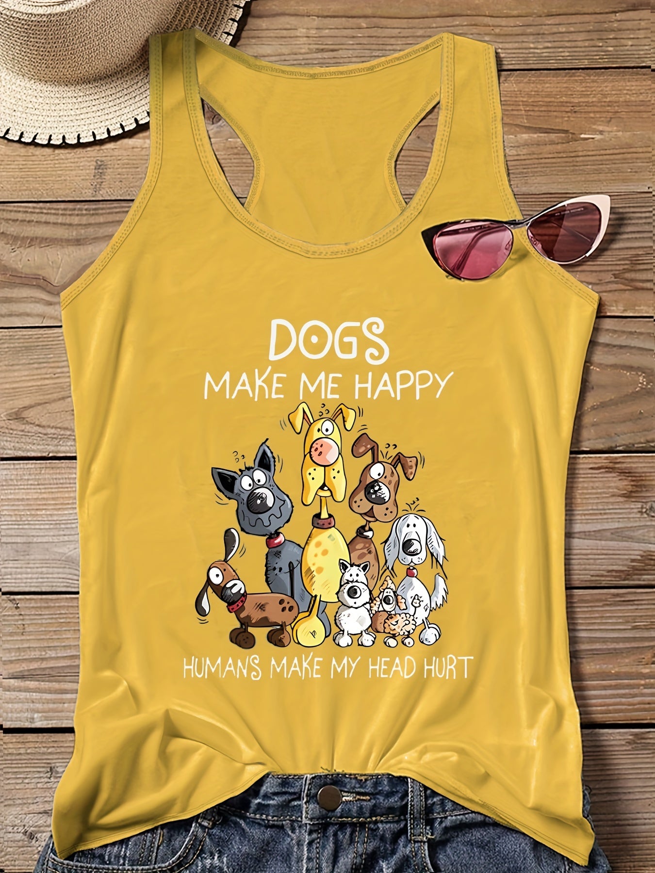  Cartoon Dog Print Round Neck Stretch Vest Top