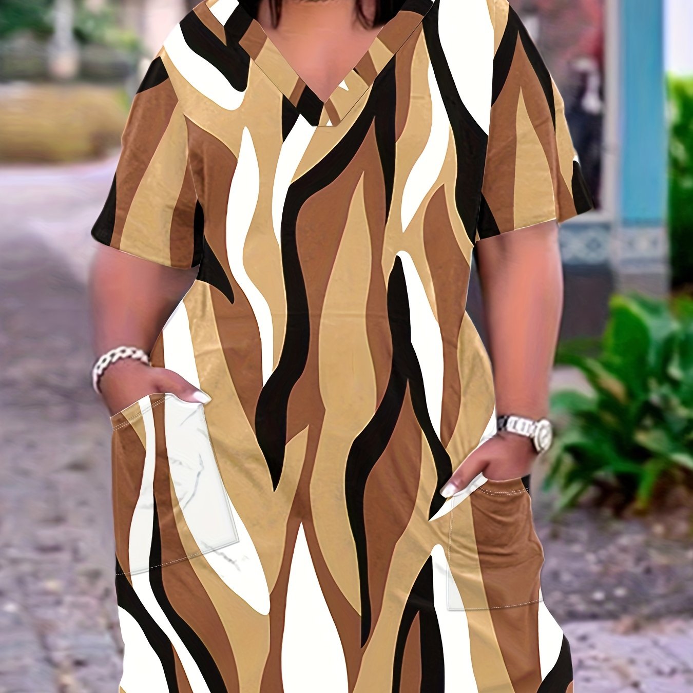  Colorblock Stripe Print Dress With Pockets