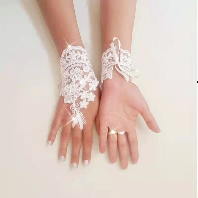 Floral Lace Fingerless Bridal Gloves with Flowers and Bow Accents