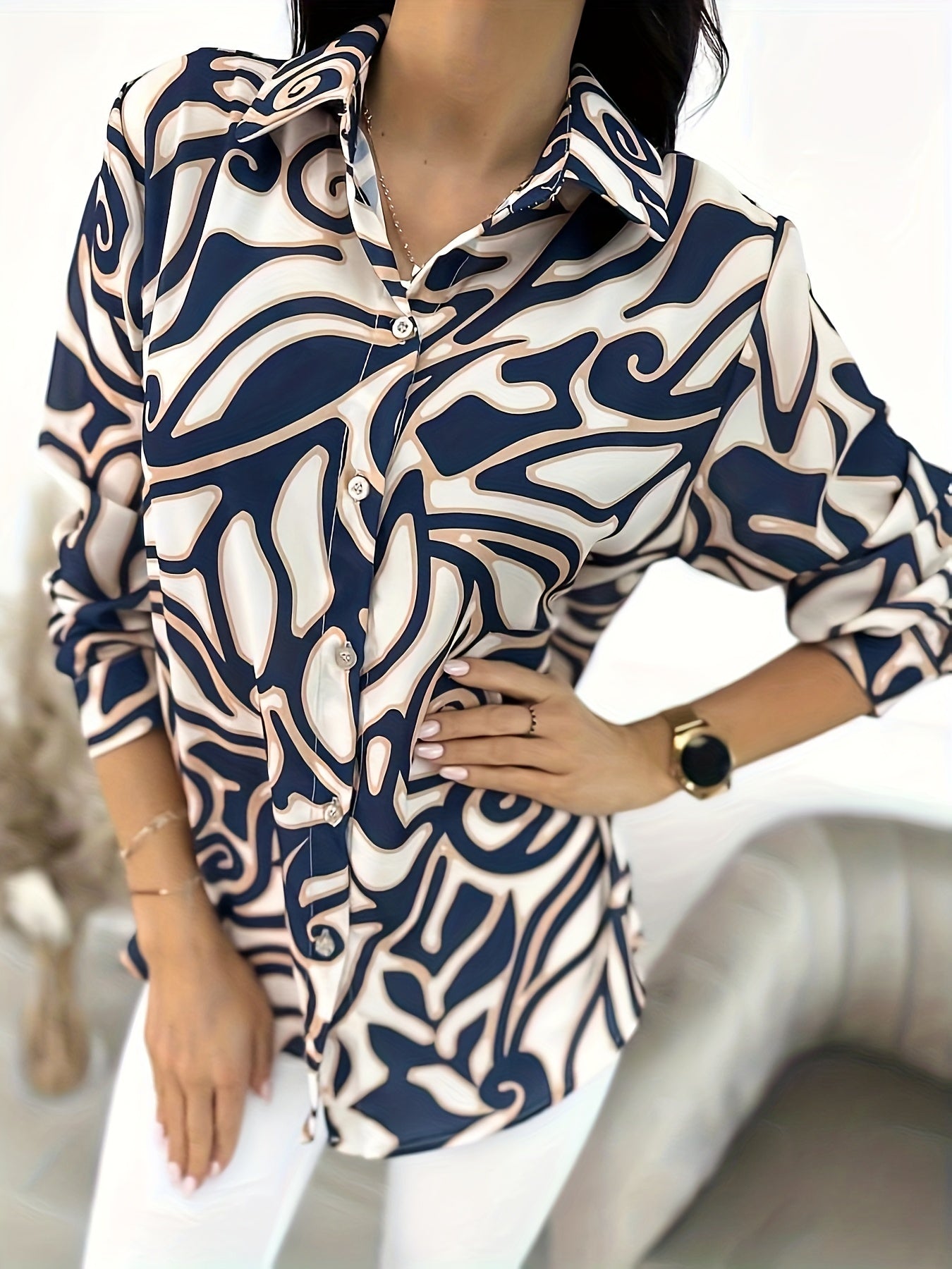  Abstract Stripe Print Long Sleeve Shirt Top