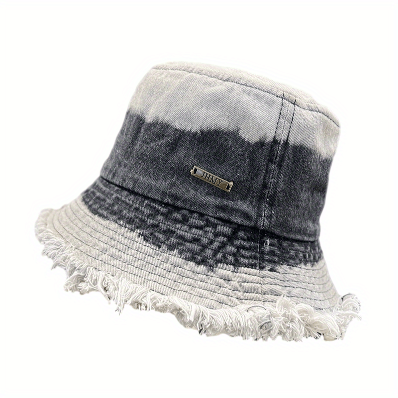 Gradient Washed Denim Bucket Hat Vintage Frayed Brim Tie Dye Sunshade Cap
