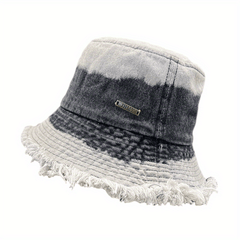 Gradient Washed Denim Bucket Hat Vintage Frayed Brim Tie Dye Sunshade Cap