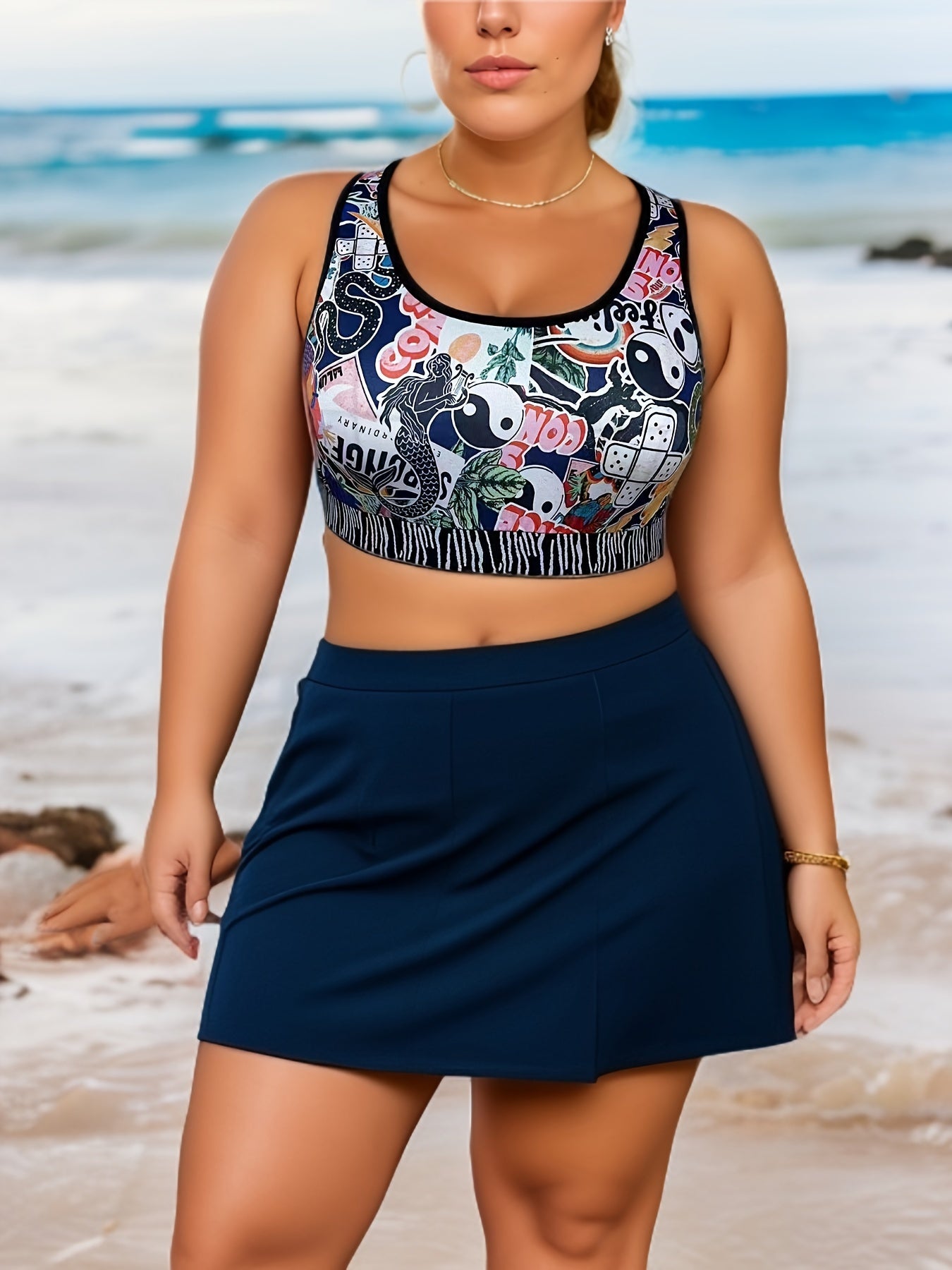  Sports Tank Top Graphic Print High Stretch Round Neck Plus Women