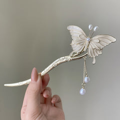 Chinese Vintage Butterfly Tassel Faux Pearl Hairpin Hanfu Antique Metal