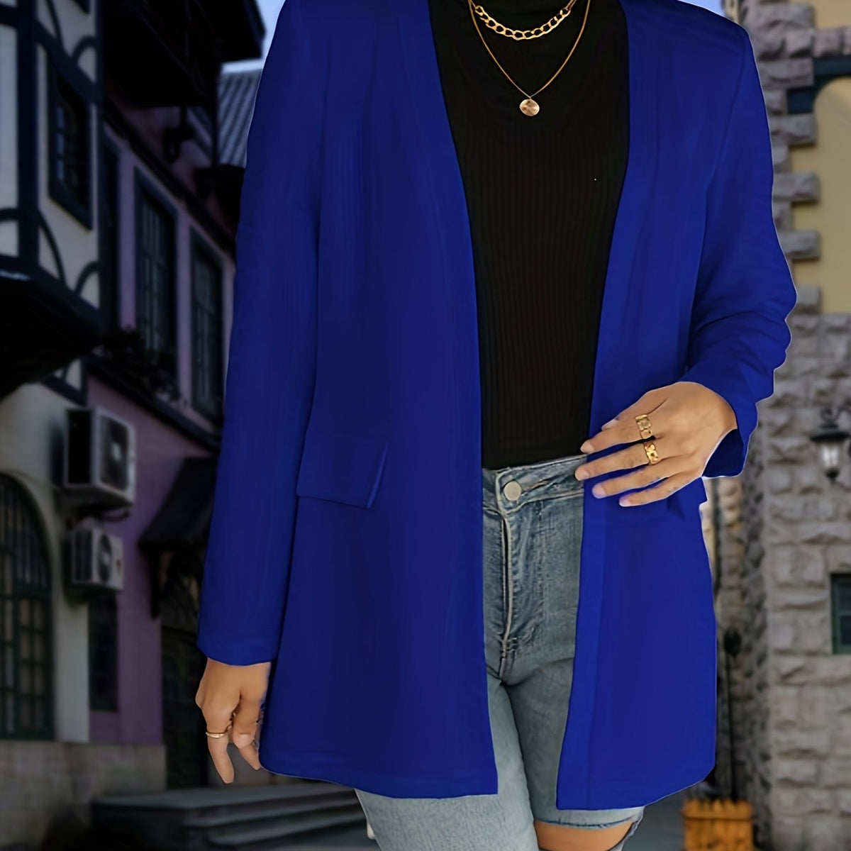  Solid Long Sleeve Open Front Blazer