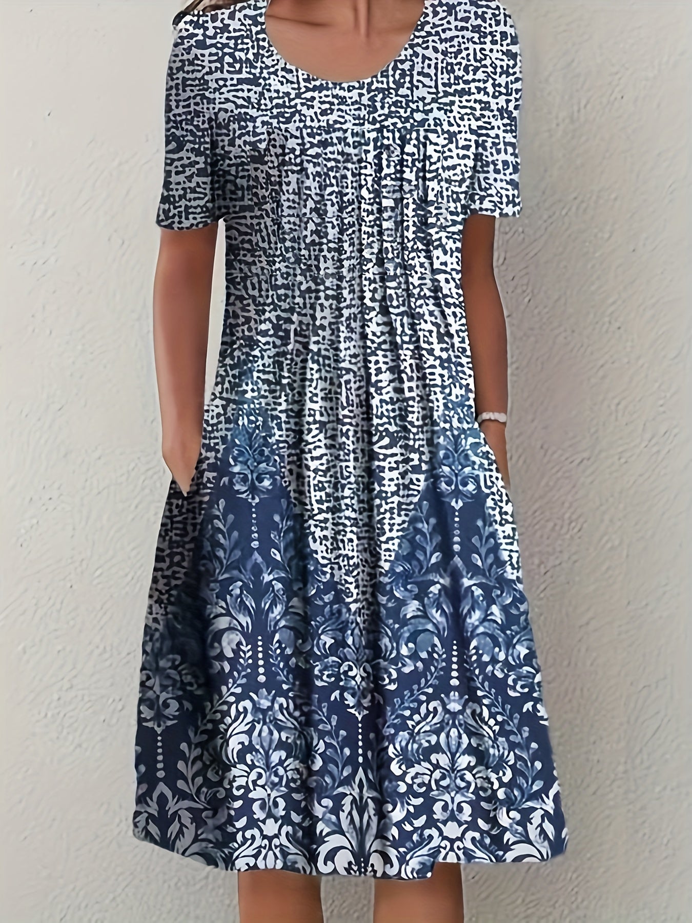  Colorblock Damask Print Short Sleeve Round Neck Dress
