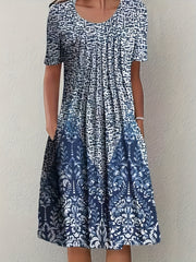  Colorblock Damask Print Short Sleeve Round Neck Dress