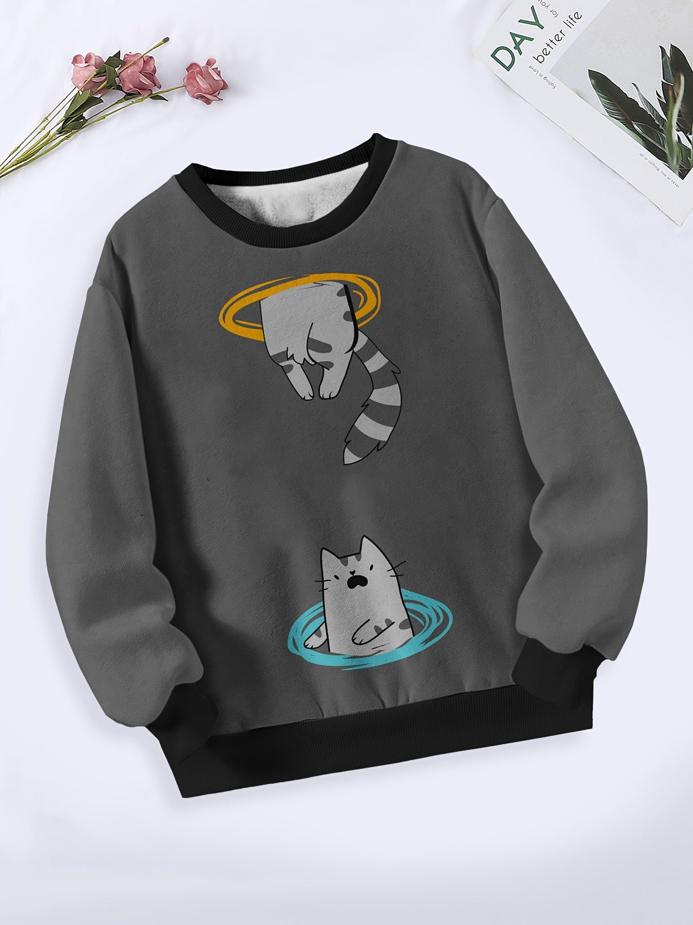 Kitty Print Long Sleeve Crew Neck Sweatshirt for Girls Boys