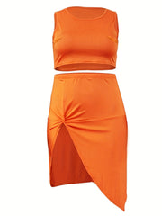  Sexy Tank Crop Top & Draped Skirt Two Piece Set